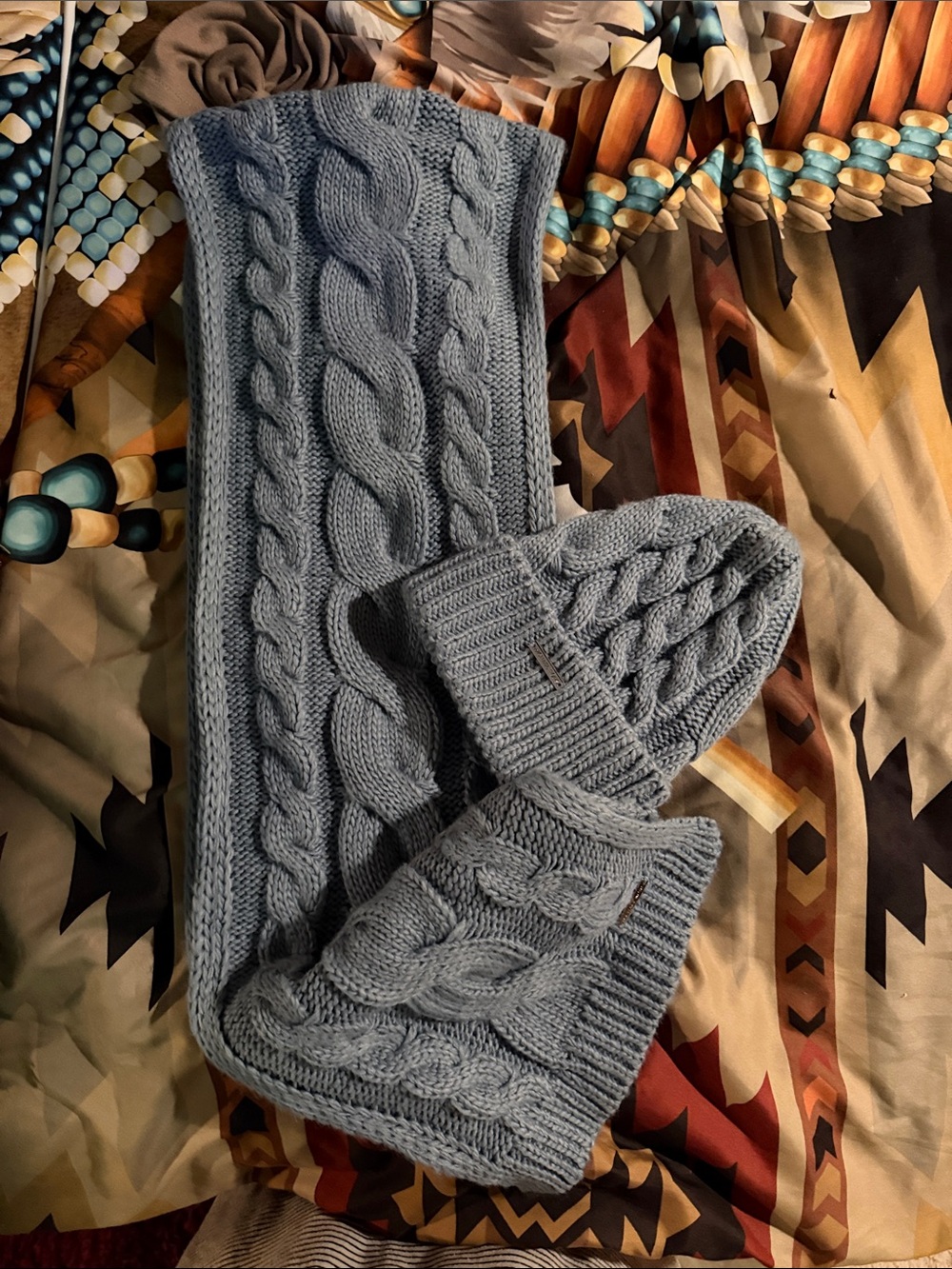 Michael KorsLight Blue Cable Knit Beanie and Scarf Set